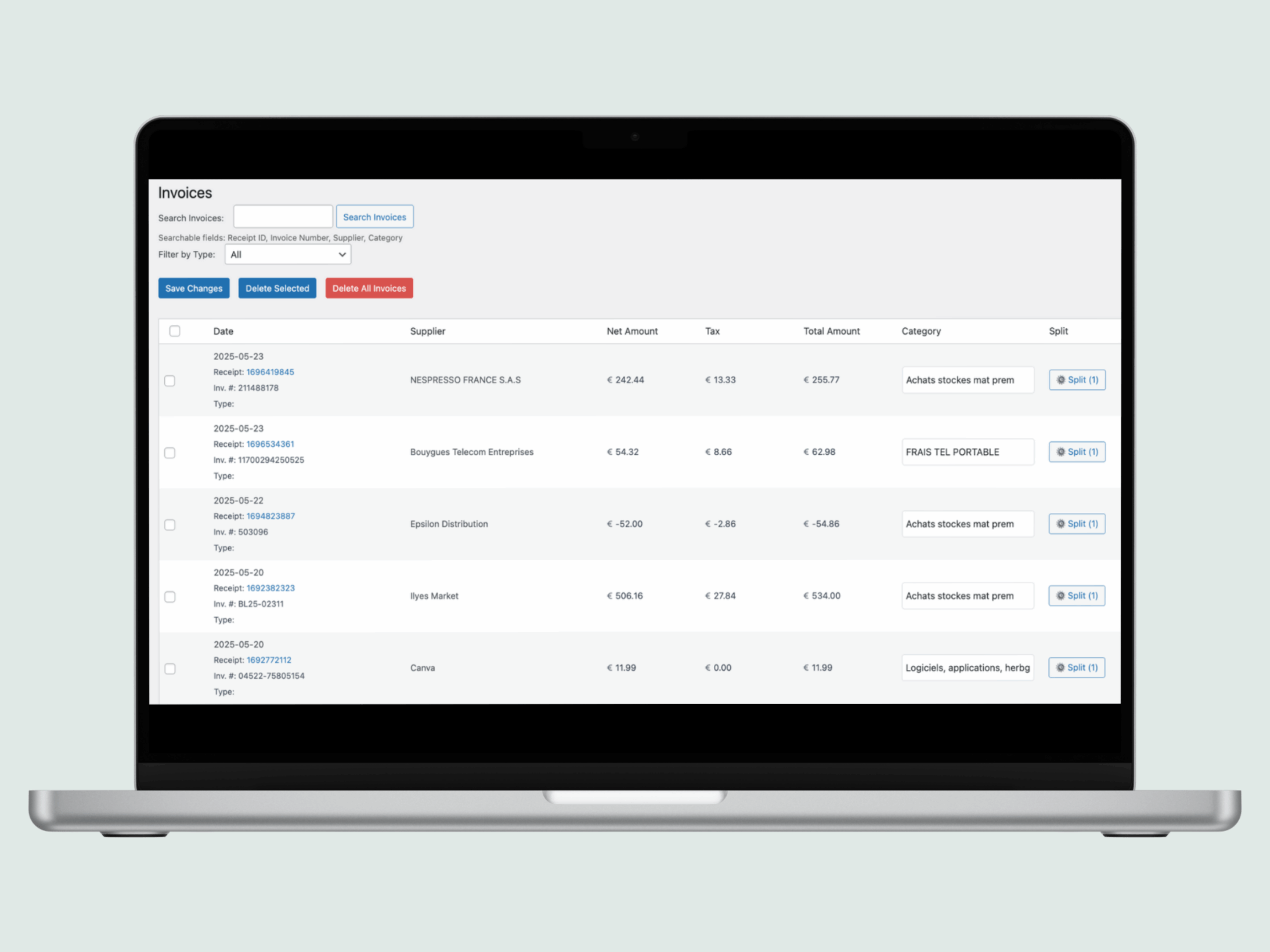 Liste des factures importées dans Ultimate Business Dashboard avec affectation au compte de charge et étalement des charges