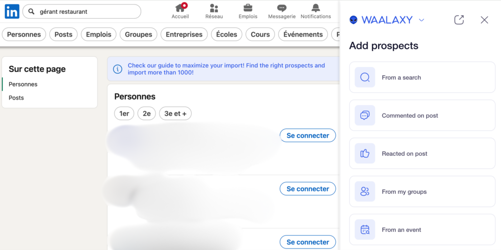 Comment trouver des clients automatiquement sur LinkedIn grâce à l'IA et Waalaxy 1 waalaxy screen