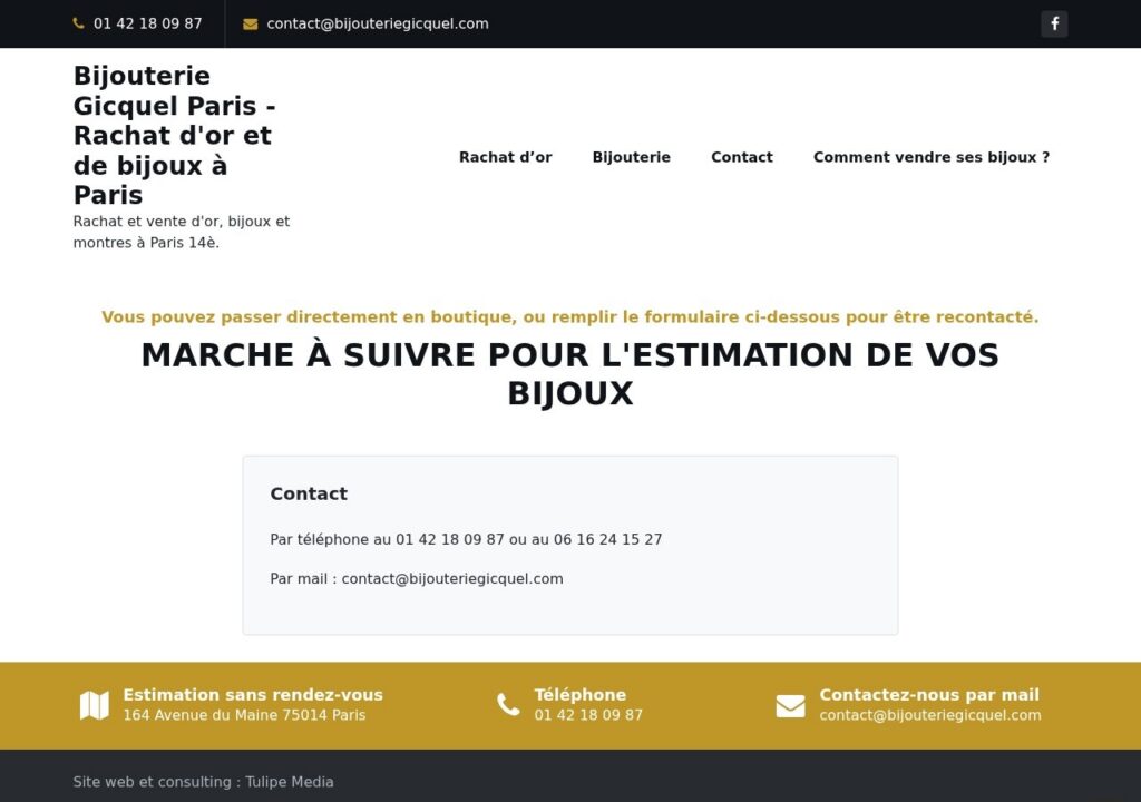 Erfolge: die von mir entwickelten Websites und Tools 4 Die Website Bijouteriegicquel.com, ein Online-Shop für Schmuck und Gold im 14. Arrondissement von Paris, wurde von Tulipe Media entwickelt.