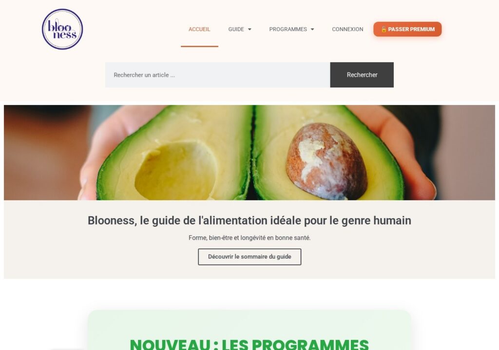 Erfolge: die von mir entwickelten Websites und Tools 3 blooness.com, eine Medien- und Community-Website für Ernährung und Wohlbefinden, erstellt von Tulipe Media