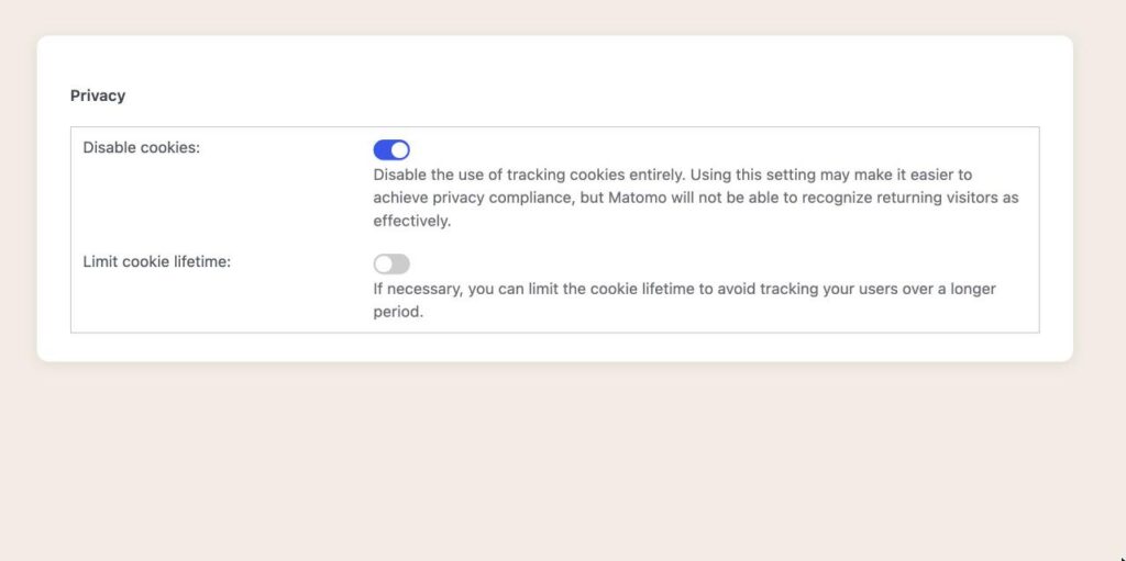 Réglages de l'extension Matomo pour WordPress, section Privacy : l'option Disable cookies est activée